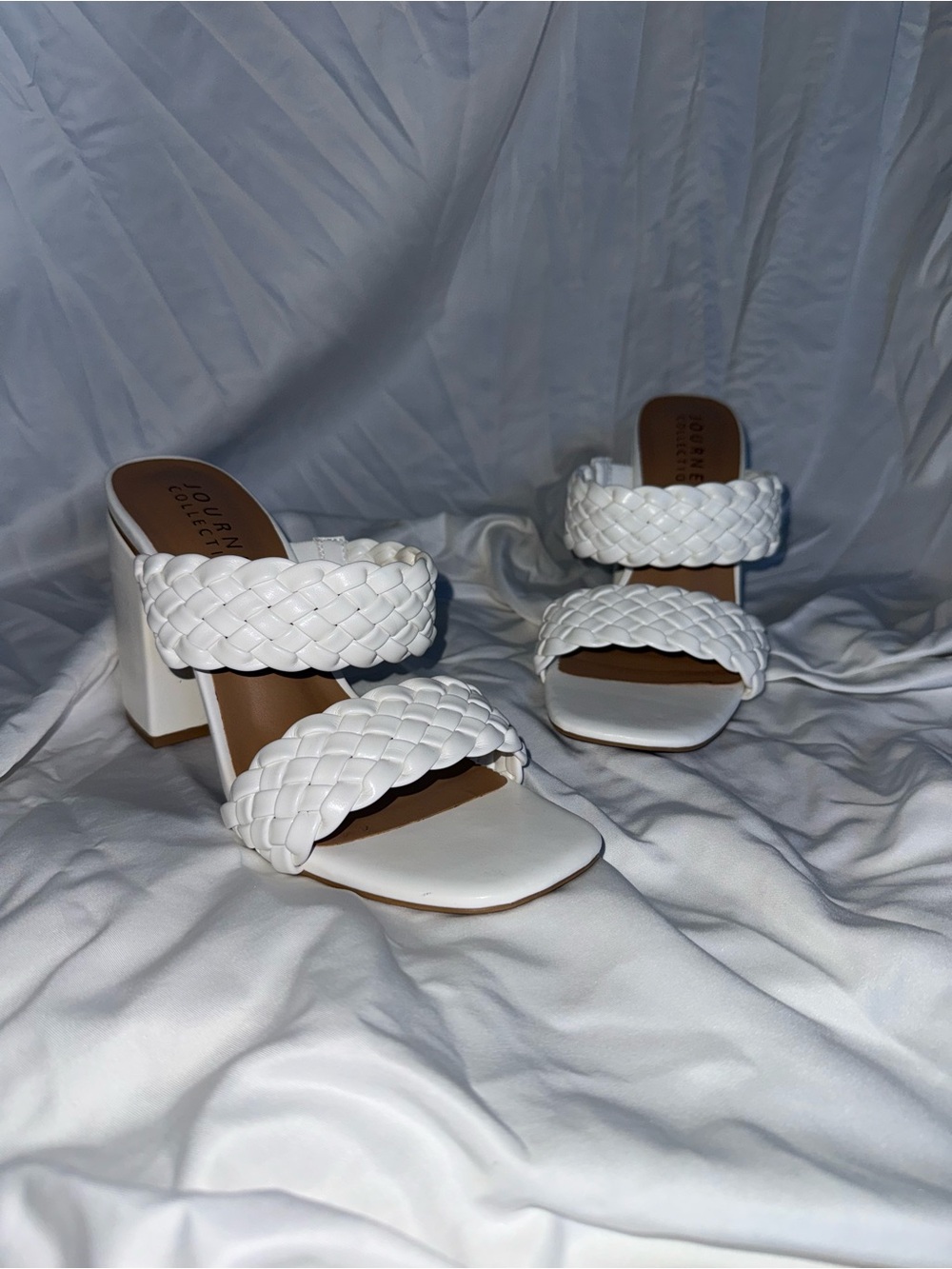 Journee Collection White Braided Double-Strap Block Heel Sandals
